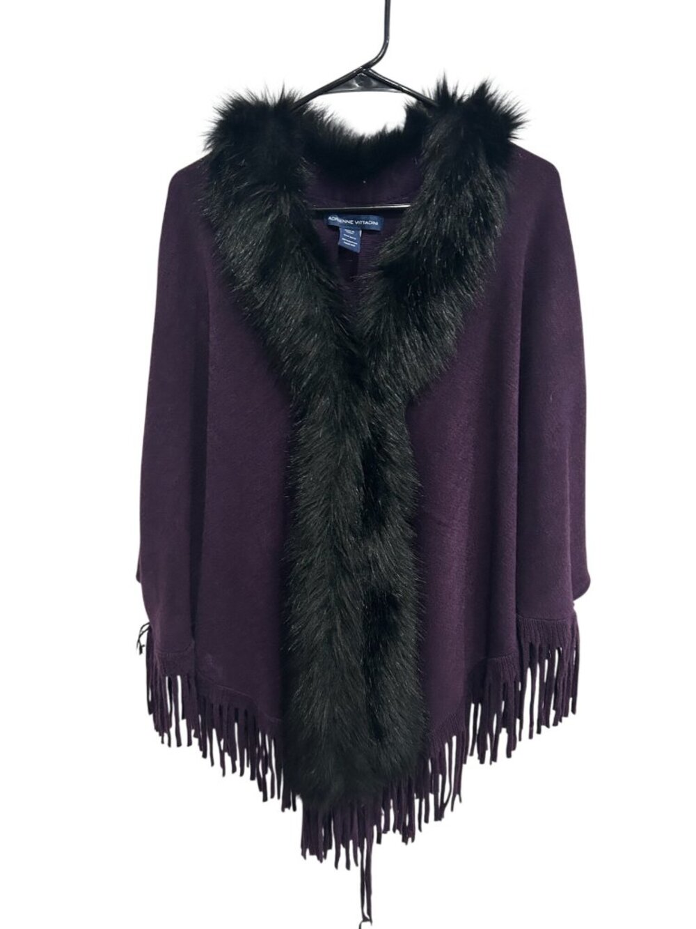 Adrienne Vittadini Large Purple Faux Fur Poncho Fringe Hem Cozycore Boho Chic